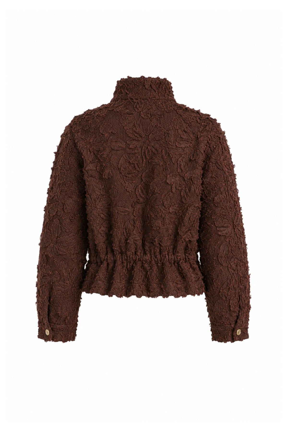 Luxe damesjas van Tramontana in chocoladebruin met kanten details, modieus en elegant, gerangschikt op een witte achtergrond.