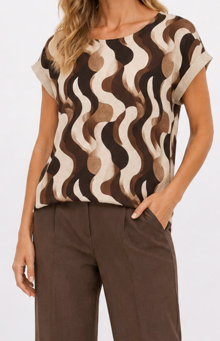 Blouse Golfjes Print Lurex Tape Bruin 156890