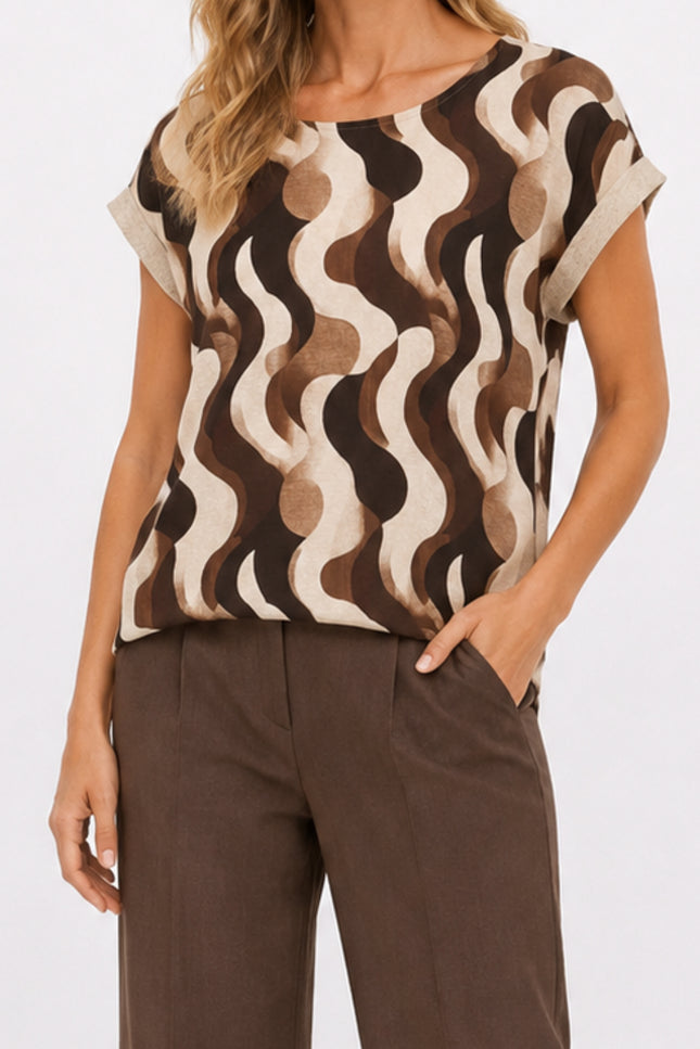 Blouse Golfjes Print Lurex Tape Bruin 156890