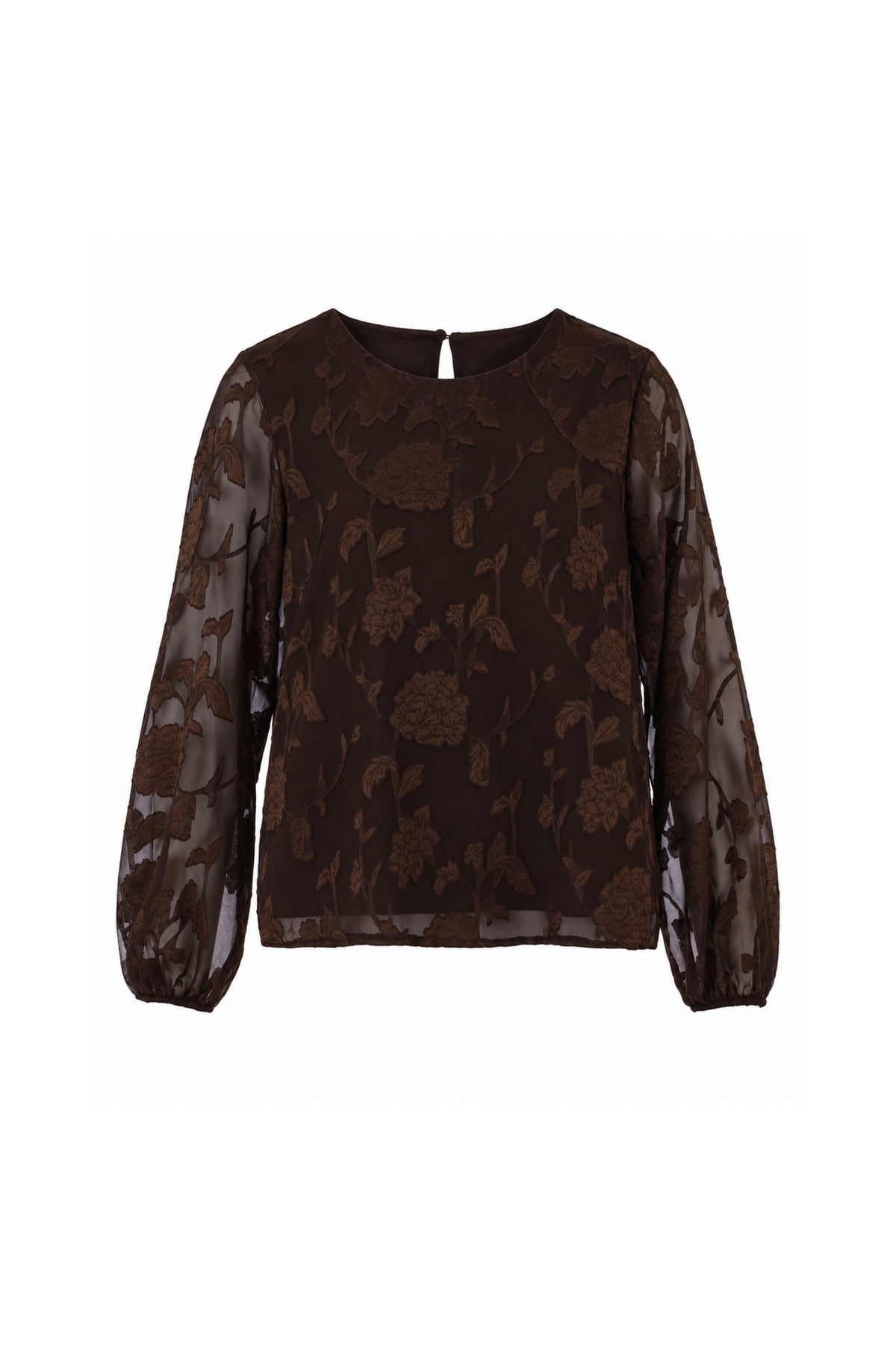Bruine Enjoy top met dubbele ballonmouwen, modieus en comfortabel, zichtbaar in de afbeelding.