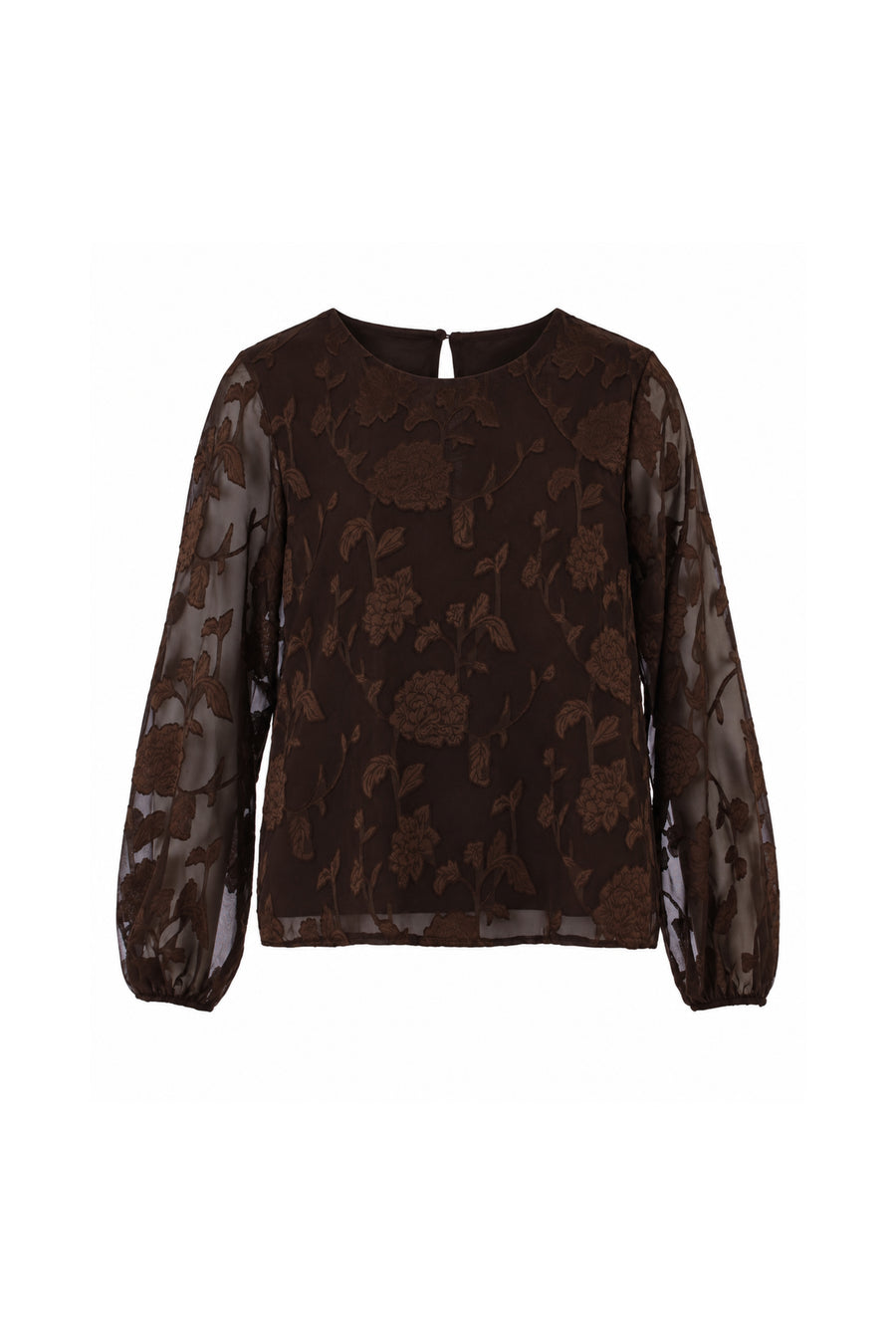 Bruine Enjoy top met dubbele ballonmouwen, modieus en comfortabel, zichtbaar in de afbeelding.