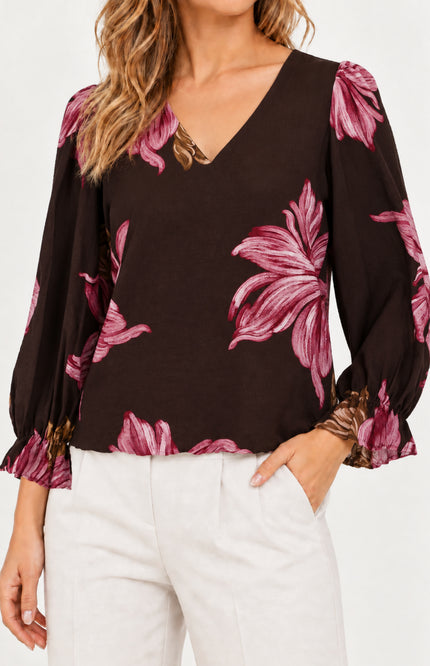 Blouse V-hals Bloemprint Bruin 127689