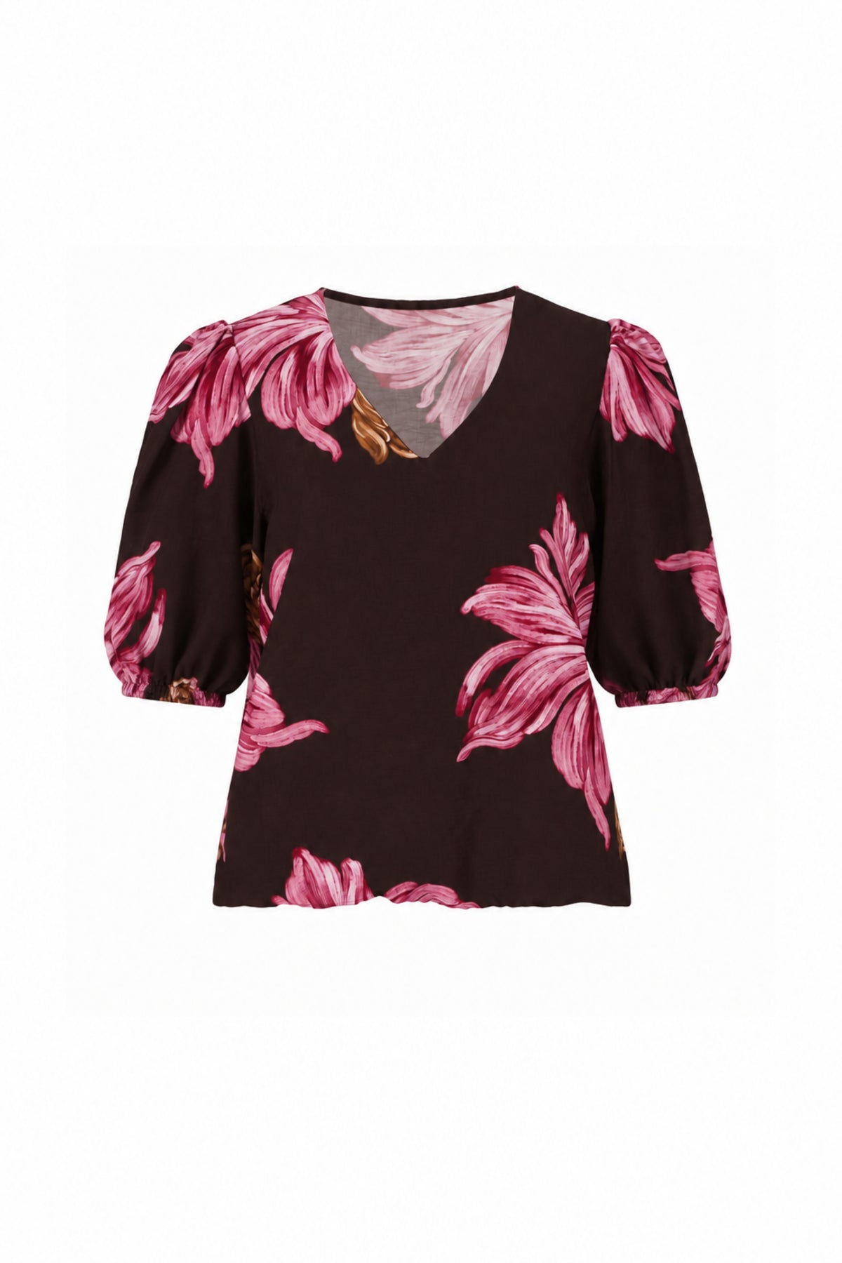 Bruine blouse met V-hals en bloemenprint van Enjoy, elegante damesblouse voor casual of formele gelegenheden.