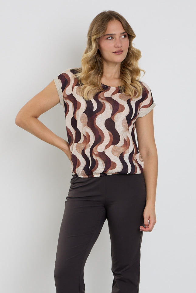 Blouse Golfjes Print Lurex Tape Bruin 156890