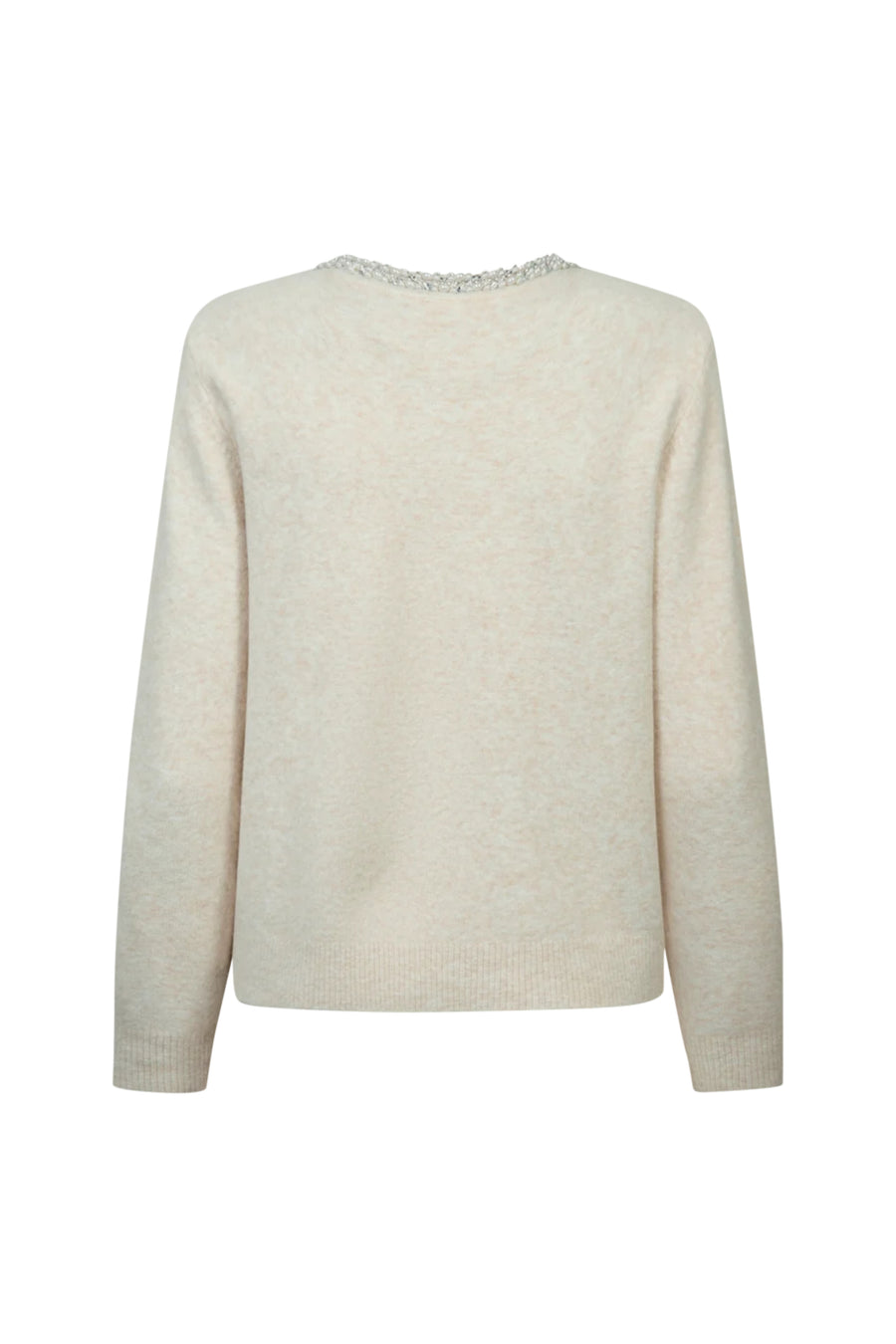 Lichtgrijze freequent vest Fqgrsflirt Moonbeam Melange met ronde hals en zachte stof, gedragen door een model.