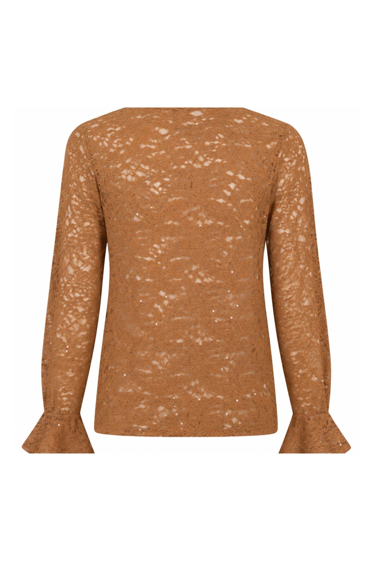 Linnen top met wijde mouwen, kantdetails en cinnamon kleur, van Tramontana, model C36-22-401.