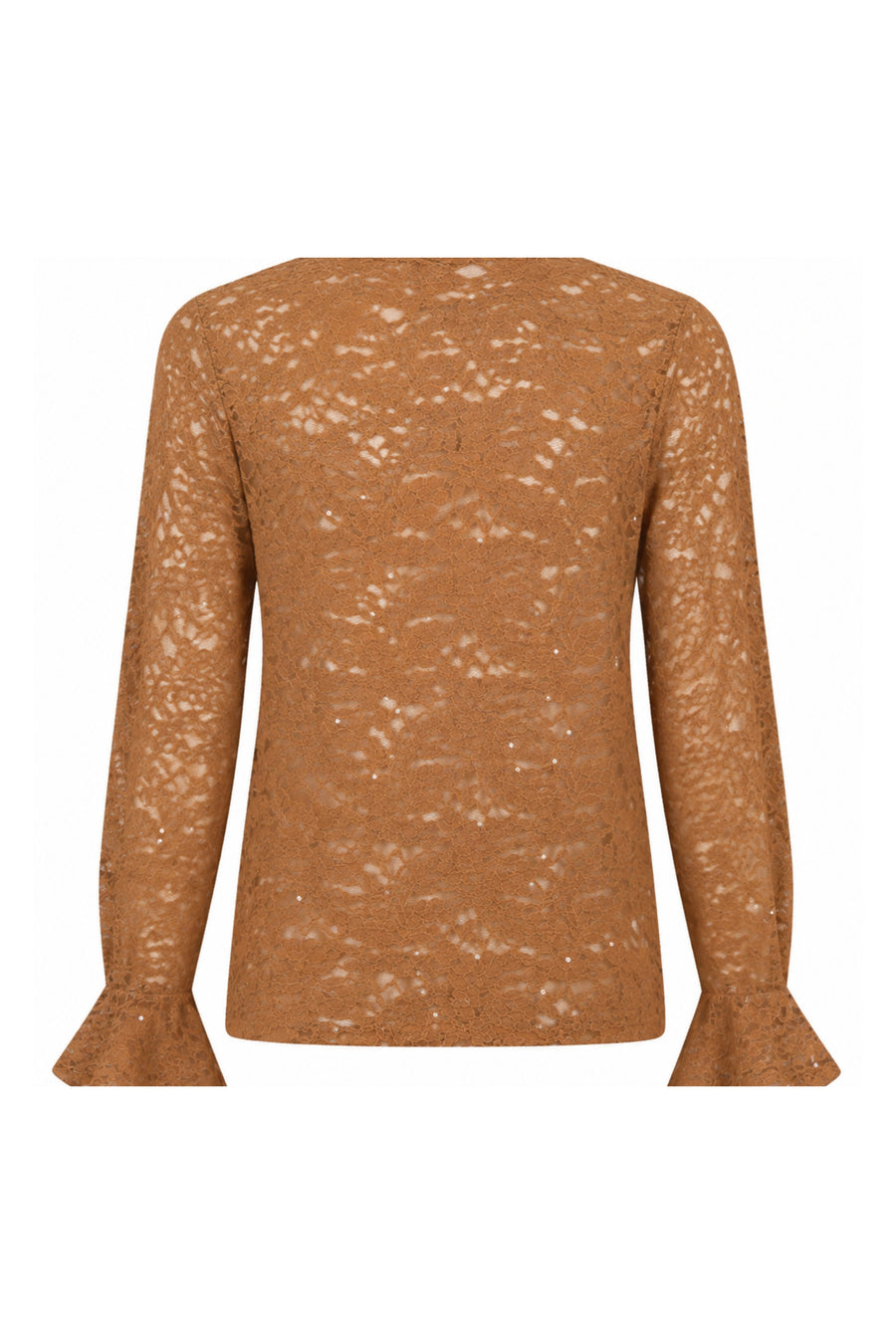 Linnen top met wijde mouwen, kantdetails en cinnamon kleur, van Tramontana, model C36-22-401.