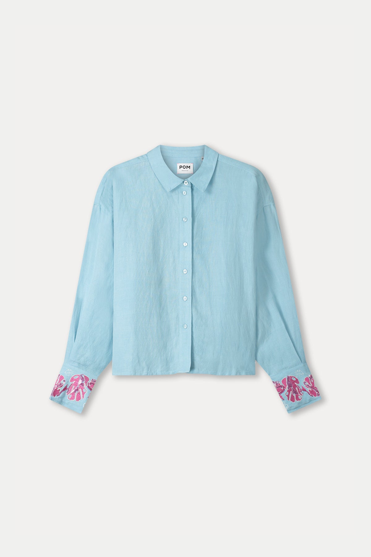 Blouse van POM Amsterdam met blauwe pailletten en bloemenprint, Urban Flora design, elegante damesblouse voor speciale gelegenheden