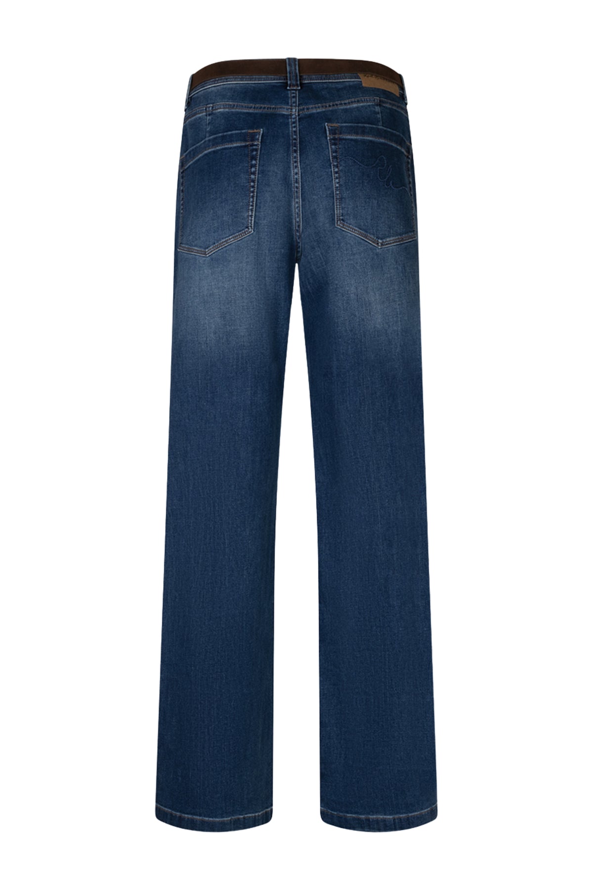 Donkere stonekleurige broek Colette van Red Button met bijpassende riem, casual damesmode, close-up van de broek en riem.