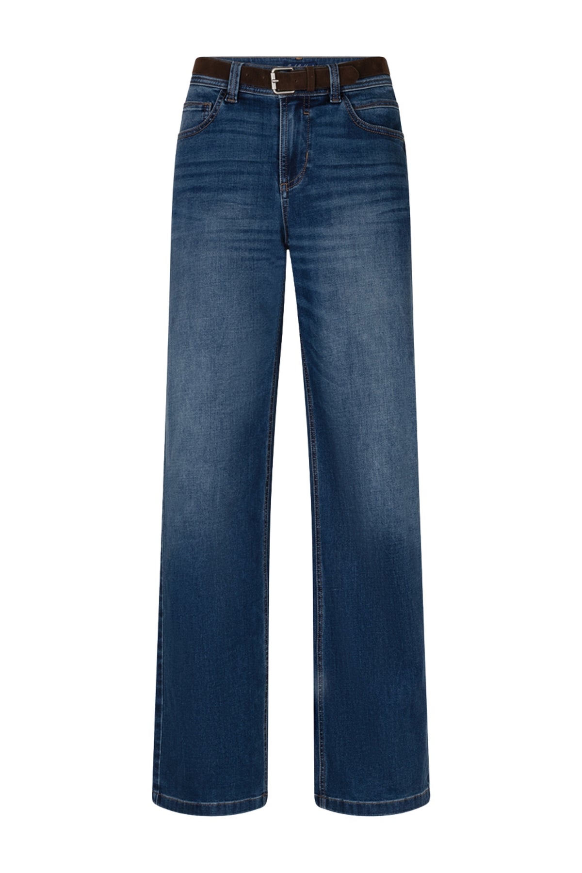Donkere stone kleurige broek Colette van Red Button met bijpassende riem, casual damesmode, getoond op een model