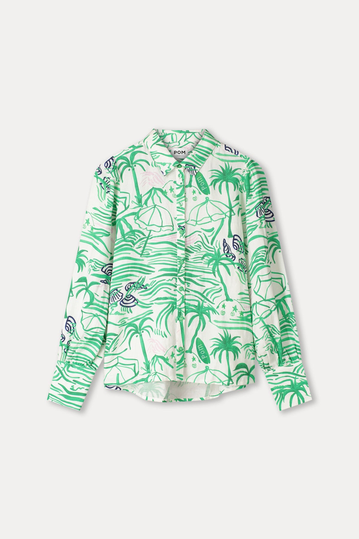 Groene linnen blouse met V-hals en korte mouwen van POM Amsterdam, Beach Vibes collectie.