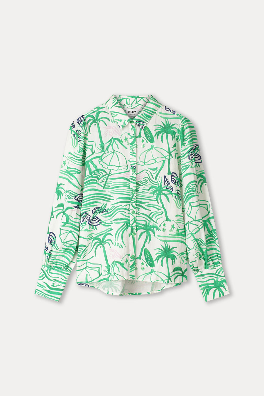 Groene linnen blouse met V-hals en korte mouwen van POM Amsterdam, Beach Vibes collectie.