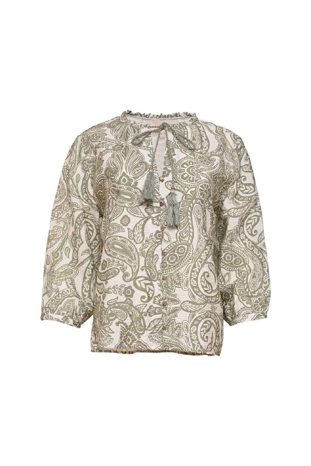Olijfkleurige blouse Taisley met paisleipatroon van Maicazz & Zizo, met lange mouwen en losvallende pasvorm.