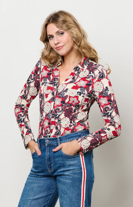 &Co woman Blouse Vayen Flower Red Multi BL417 Stretchshop.nl
