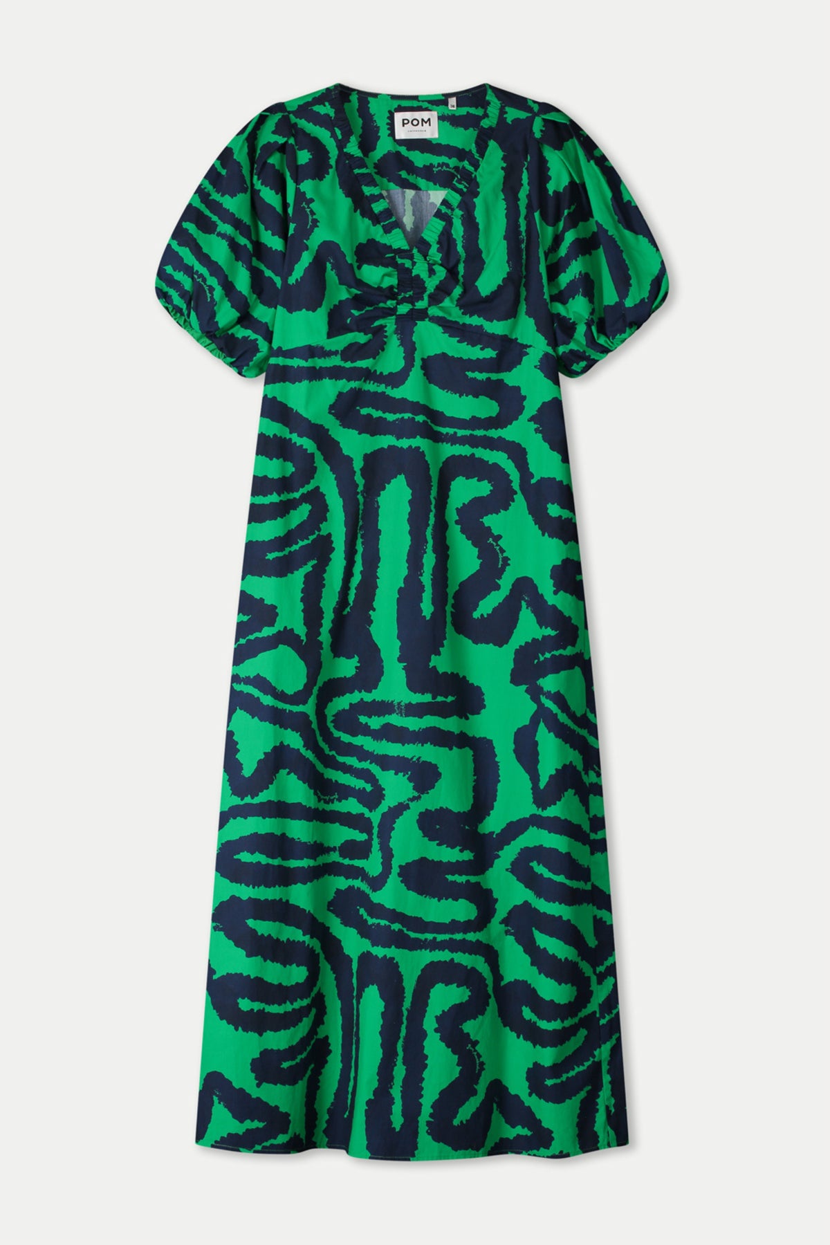 Groene multikleurige poplin jurk met golvende patronen van POM Amsterdam, stijlvolle en kleurrijke zomerjurk.