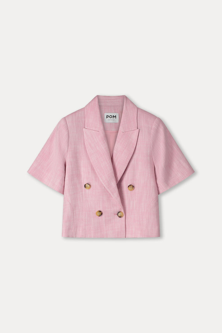POM Amsterdam Shell Pink blazer met knopen, gekleed model, close-up van de stof en stijlvolle pasvorm.