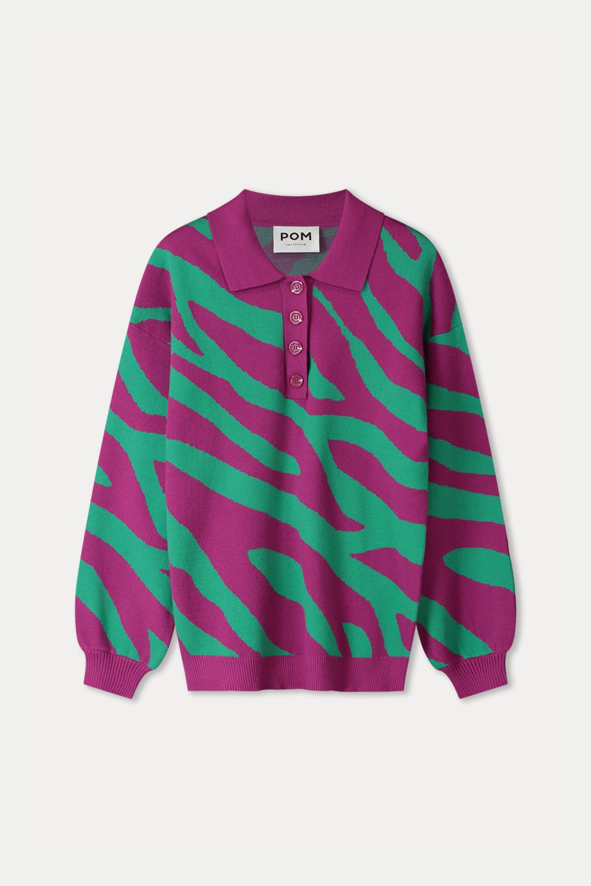 POM Amsterdam trui Polo Animal in paars met multikleurige dierenprint, comfortabel en stijlvol voor dames.