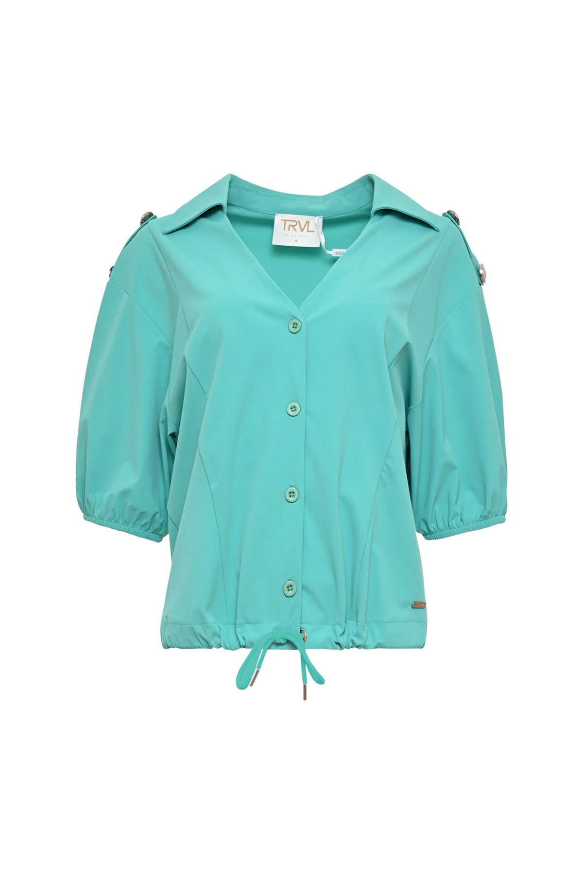 Reisblouse Flixx Bright Aqua van Maicazz & Zizo, lichtgewicht en kleurrijk, weergegeven in de productafbeelding.