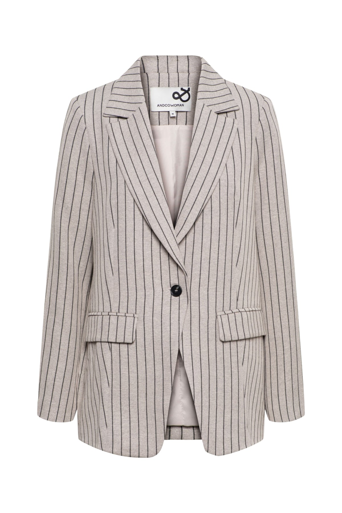 Zwart-witte gestreepte blazer voor dames van &Co woman met zandkleurige details, casual en stijlvol voor elke gelegenheid.