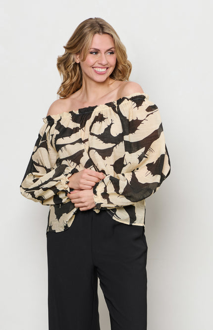 &Co woman Blouse Acha Banana Leaf Black Multi BL378 Stretchshop.nl