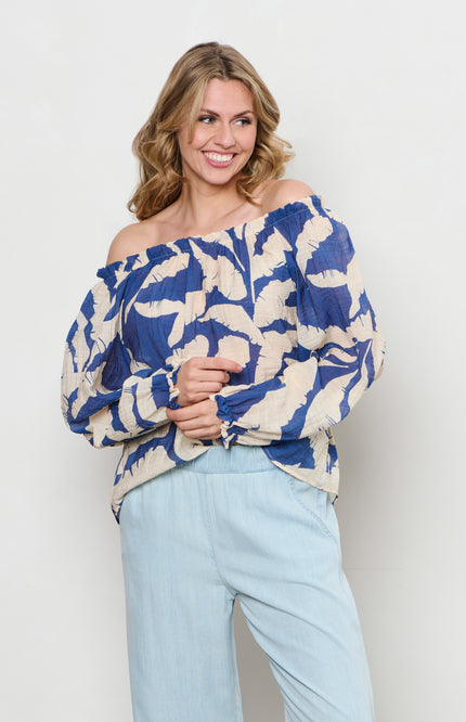 &Co woman Blouse Acha Banana Leaf Cobalt Multi BL378 Stretchshop.nl