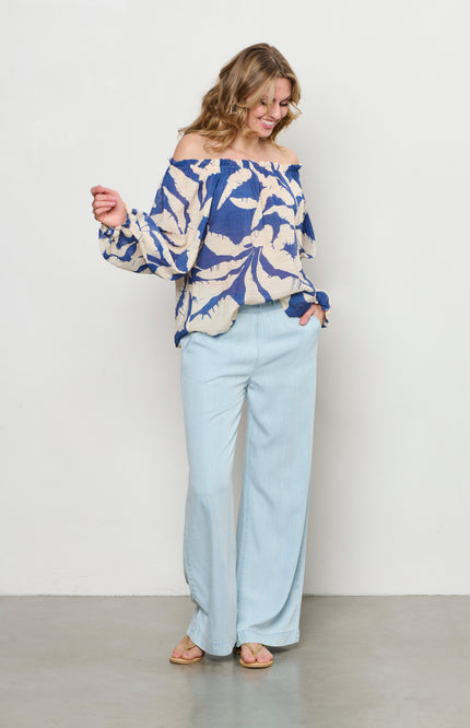 &Co woman Blouse Acha Banana Leaf Cobalt Multi BL378 Stretchshop.nl