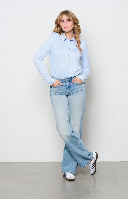 &Co woman Blouse lotte stripe white light blue BL313 Stretchshop.nl