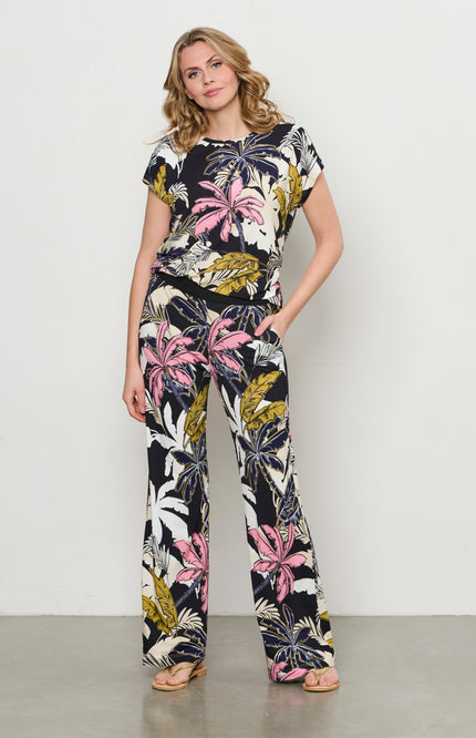 &Co woman Broek Loa Palm Black Multi PA375 Stretchshop.nl