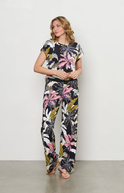 &Co woman Broek Loa Palm Black Multi PA375 Stretchshop.nl