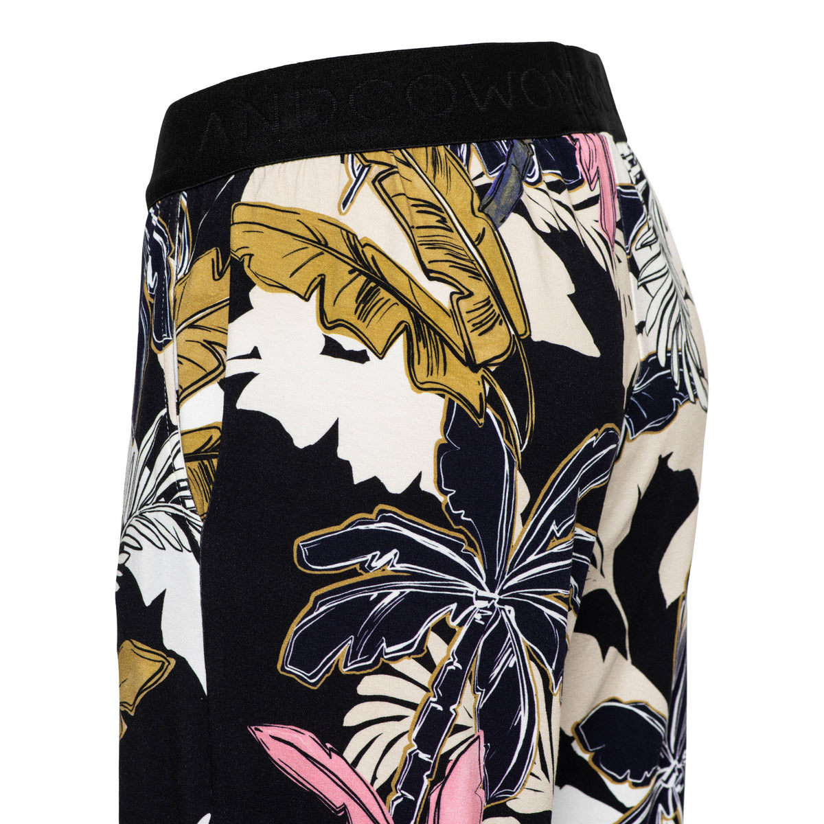 Zwarte multicolor broek Loa Palm van &Co woman, casual broek met print, zichtbaar op de afbeelding.