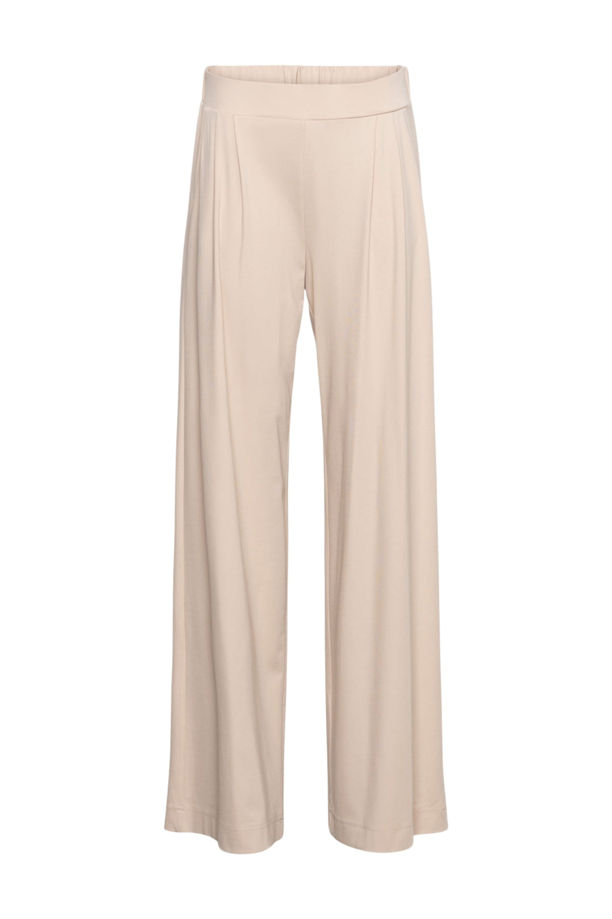 Licht zandkleurige broek Millie Sand van &Co woman, met rechte pasvorm en elastische tailleband, gedragen door een model.