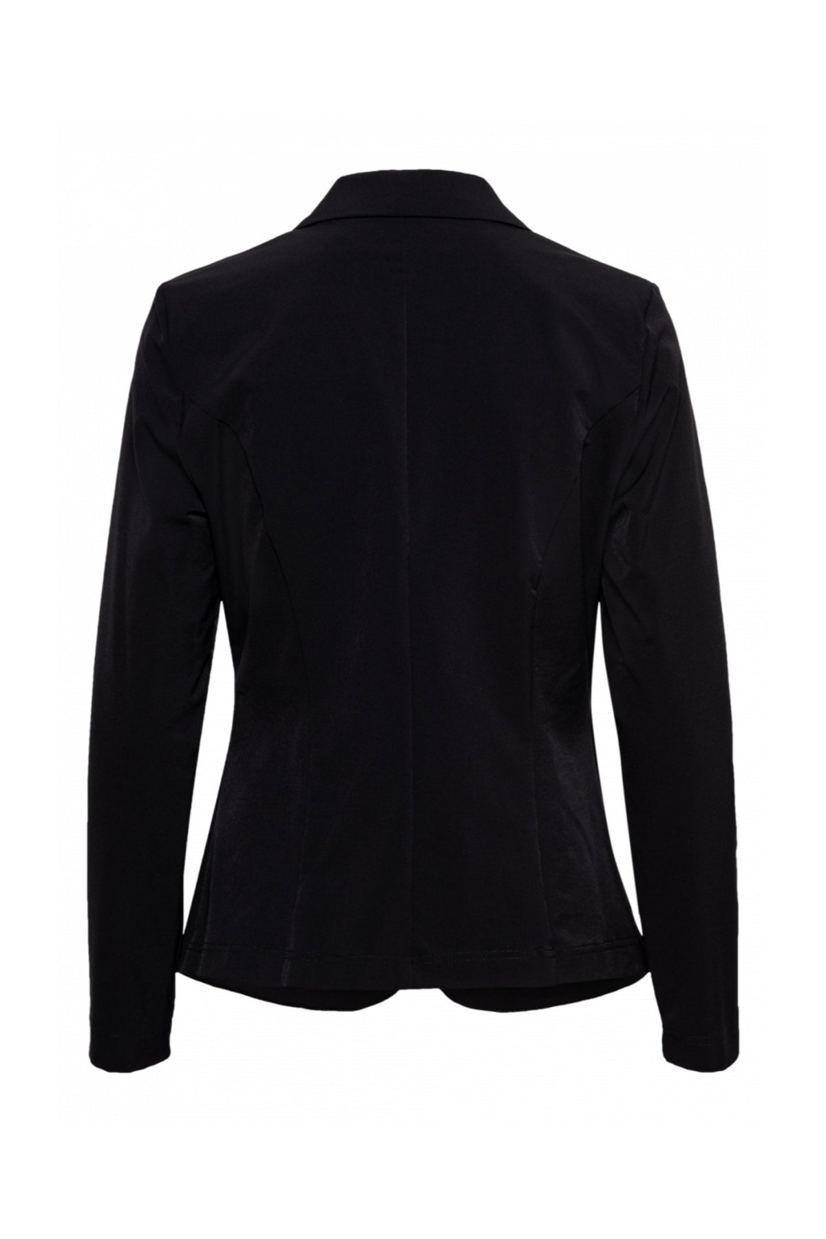 Zwart &Co woman Heavy Travel Blazer Phileine, zakelijke damesblazer met nette pasvorm en knopen, gelegen op een witte achtergrond