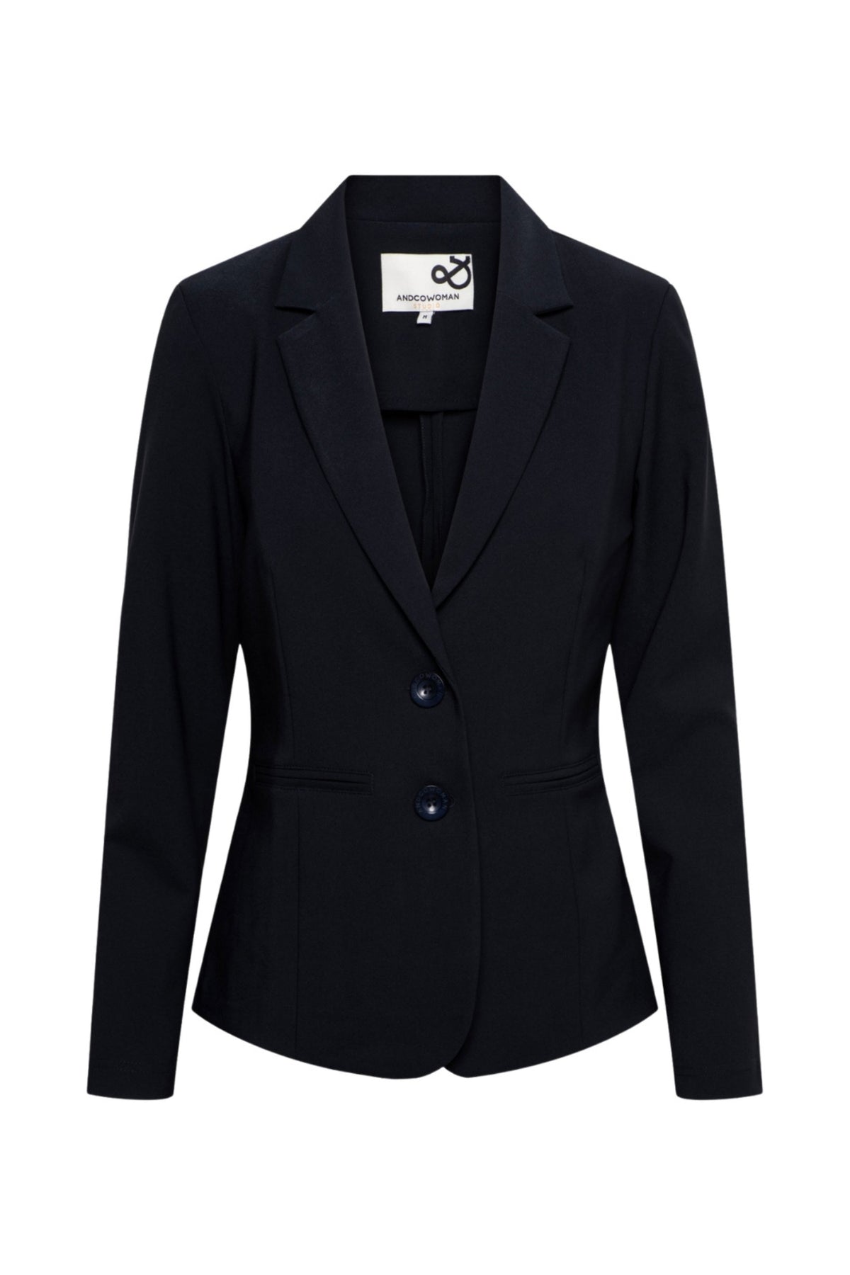 Navy blauwe heavy travel blazer Phileine van &Co woman, getailleerd model met knopen en zijzakken.