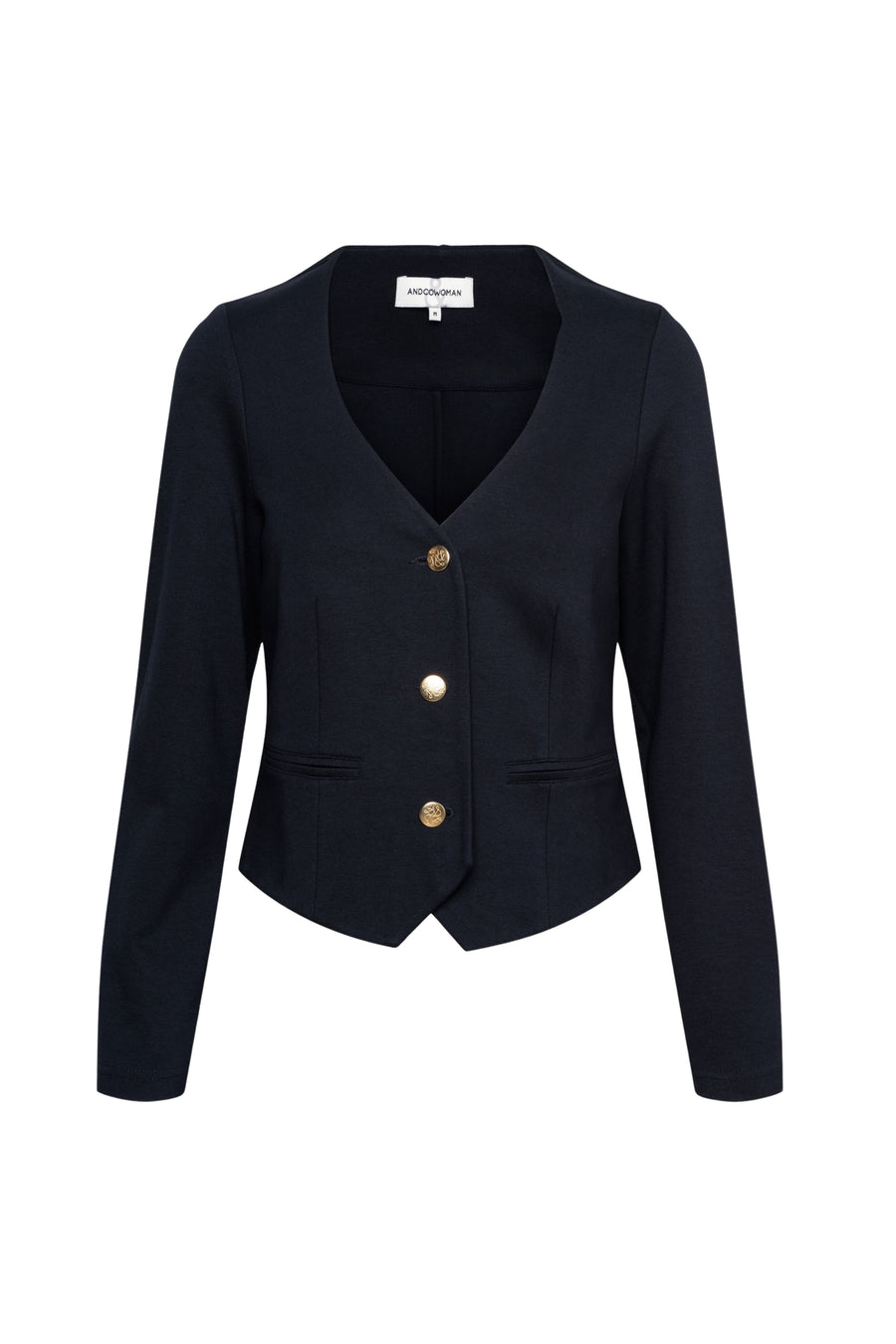 Navy blauwe jas voor dames van &Co woman, model Deb Punta, met rits en comfortabele pasvorm, zichtbaar in de afbeelding.