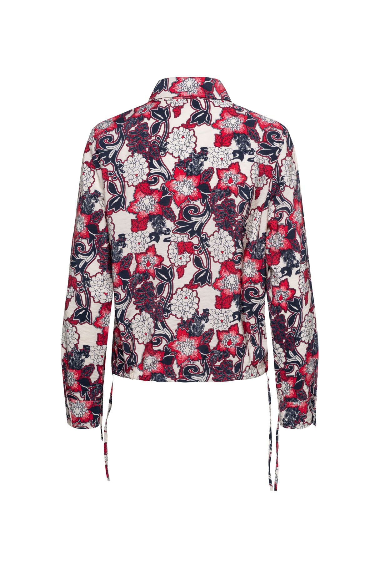 Lichte damesjas met bloemenprint in rood en multi-kleuren van &Co woman, model Margje Flower Red Multi, met rits en kraag.