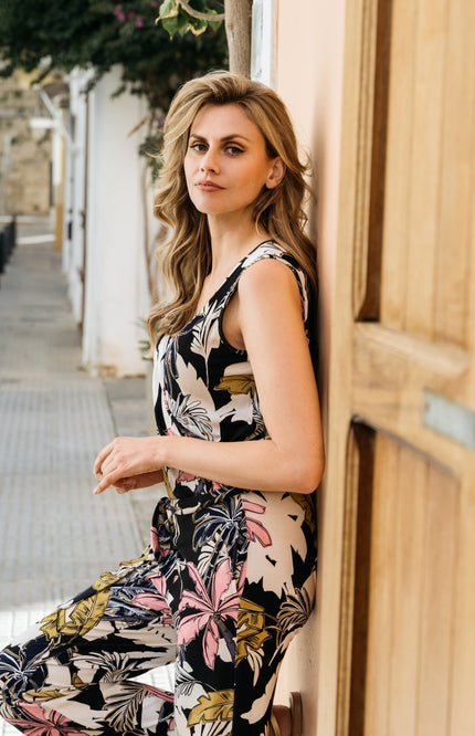 &Co woman Jumpsuit Pancha Palm Black Multi JU111 Stretchshop.nl
