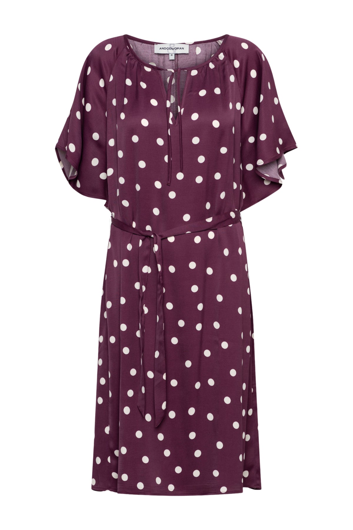 Kleed Axelle Dot Plum Multi van &Co woman, kleurrijk, langwerpig patroon, casual jurk met ronde hals en korte mouwen.