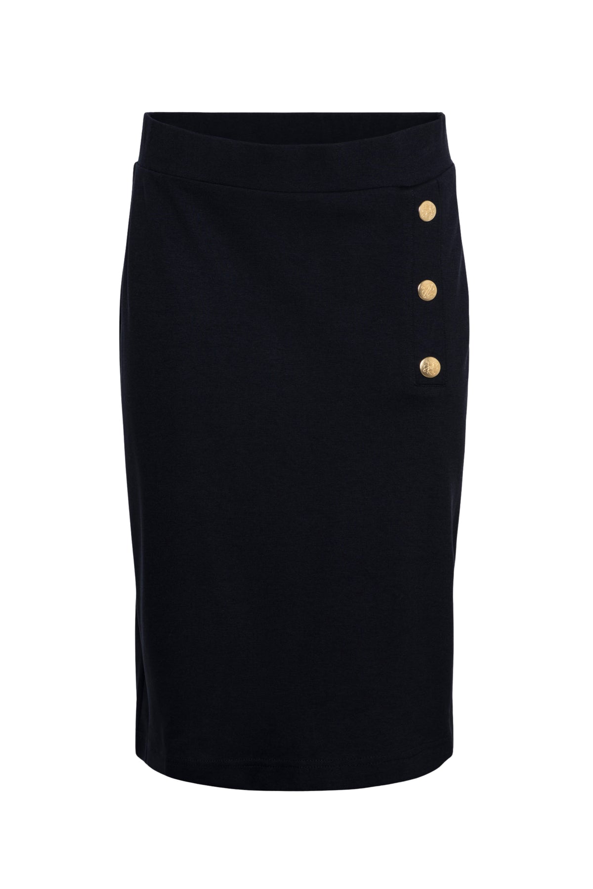 Navy blauwe rok Dhalia Punta van &Co woman, soepel vallende midi rok met elegante snit en ruches aan de onderkant.