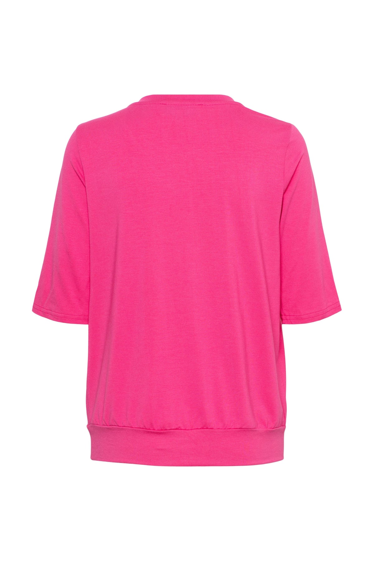 Roze top Lucille van &Co woman met korte mouwen en ronde hals, geschikt voor casual en stijlvolle outfits.