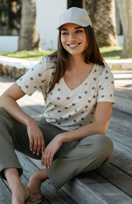 &Co woman Top Marley Dot Vanilla Khaki TO373 Stretchshop.nl