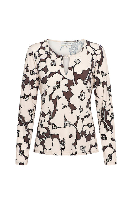 &Co woman Top Vigo Big Flower Chocolate Multi TO313 Stretchshop.nl