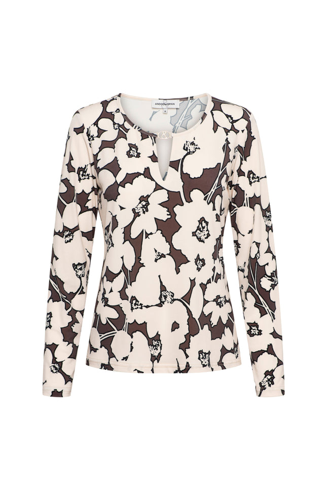 &Co woman Top Vigo Big Flower Chocolate Multi TO313 Stretchshop.nl