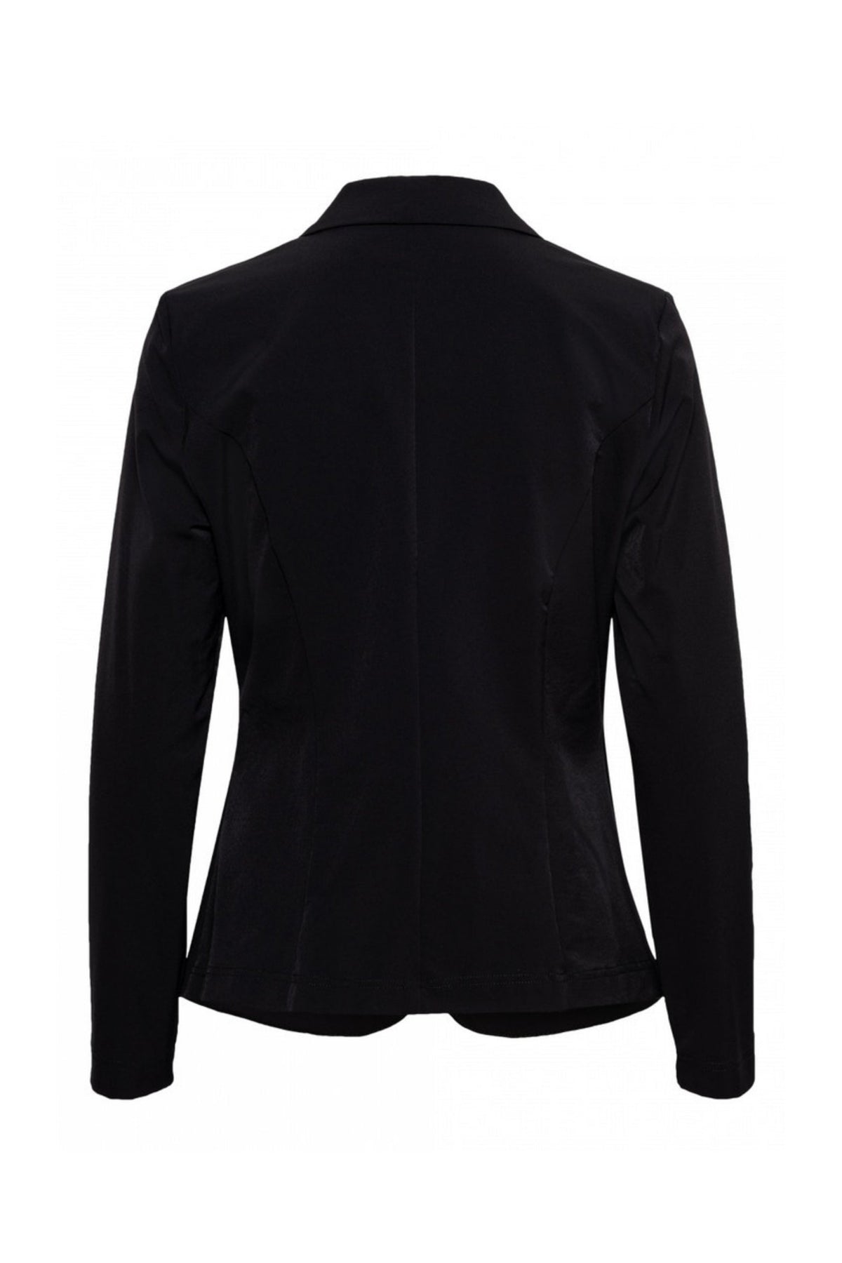 Zwarte travel blazer Phileine van &Co woman, casual en stijlvol damesblazer voor onderweg, zicht op de pasvorm en stoffen textuur