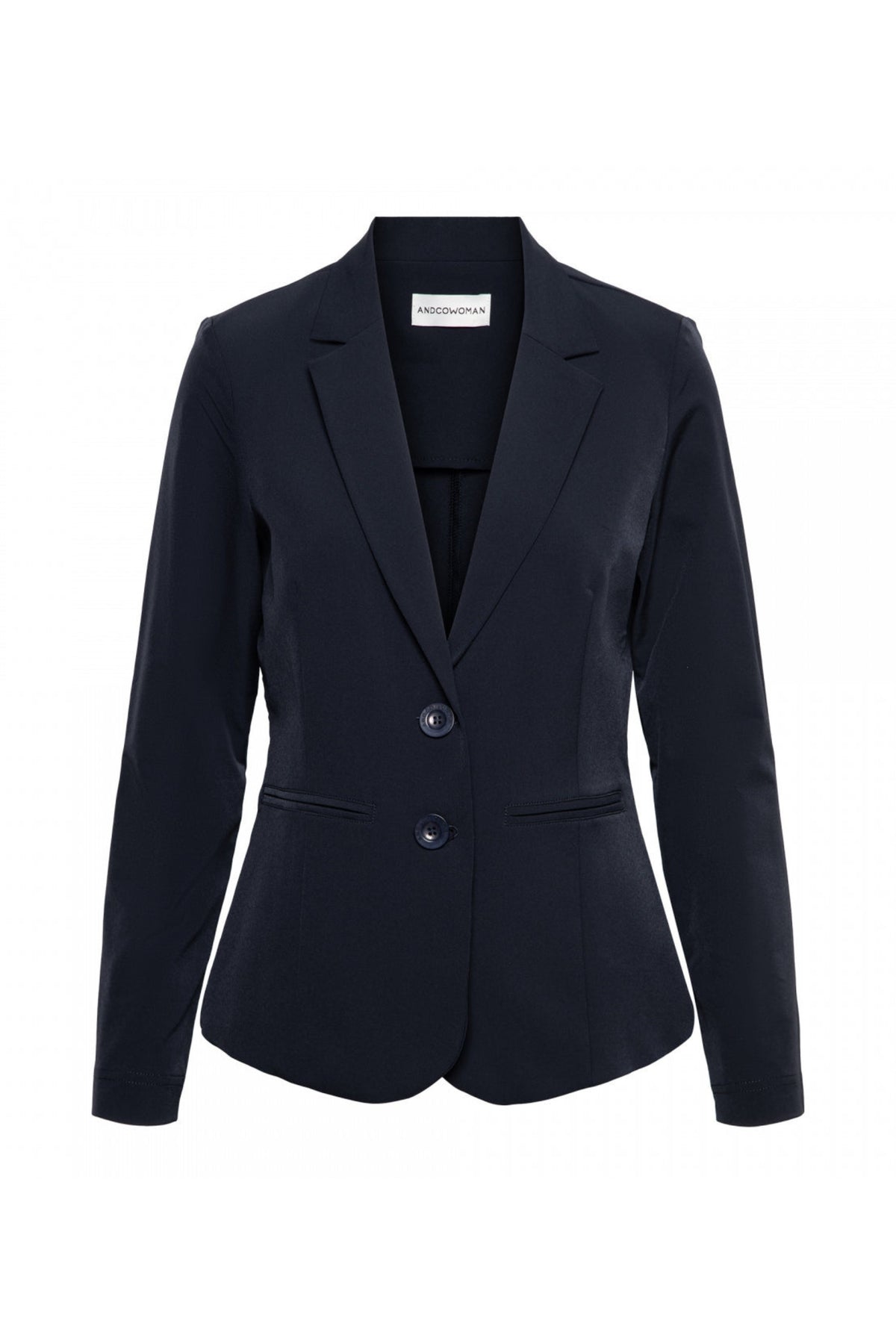Navy travel blazer Phileine van &Co woman, gemaakt van comfortabel materiaal, getoond op model.