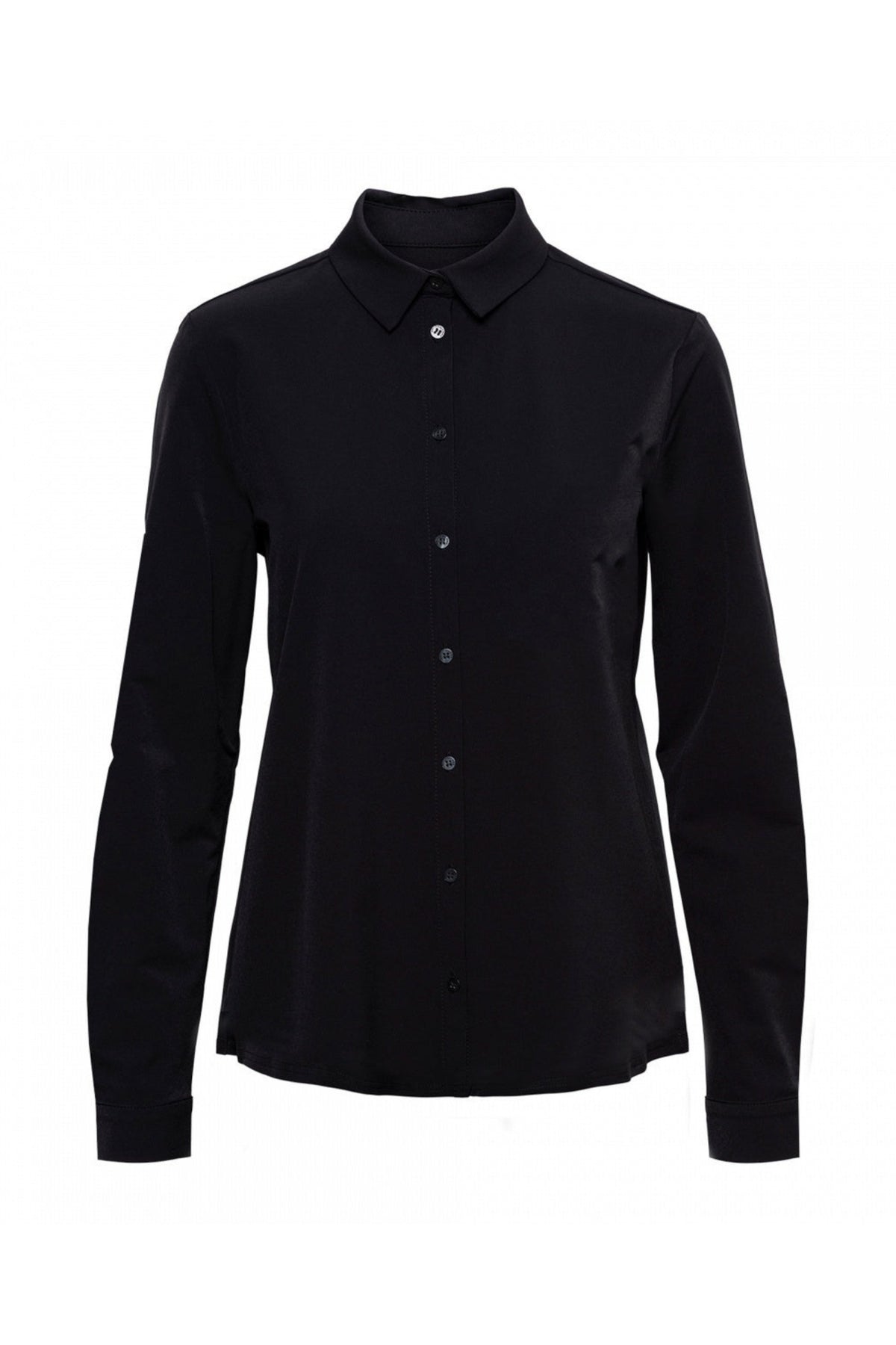 Olijfkleurige en zwarte reisblouse voor dames van &Co woman, casual en comfortabel, getoond in close-up op witte achtergrond.