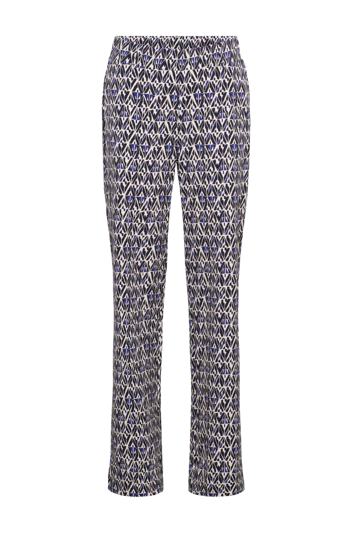 &Co woman Travel Broek Patrice Graphic Navy Multi, kleurrijke damesbroek met grafische print, comfortabel en modieus voor reizen.