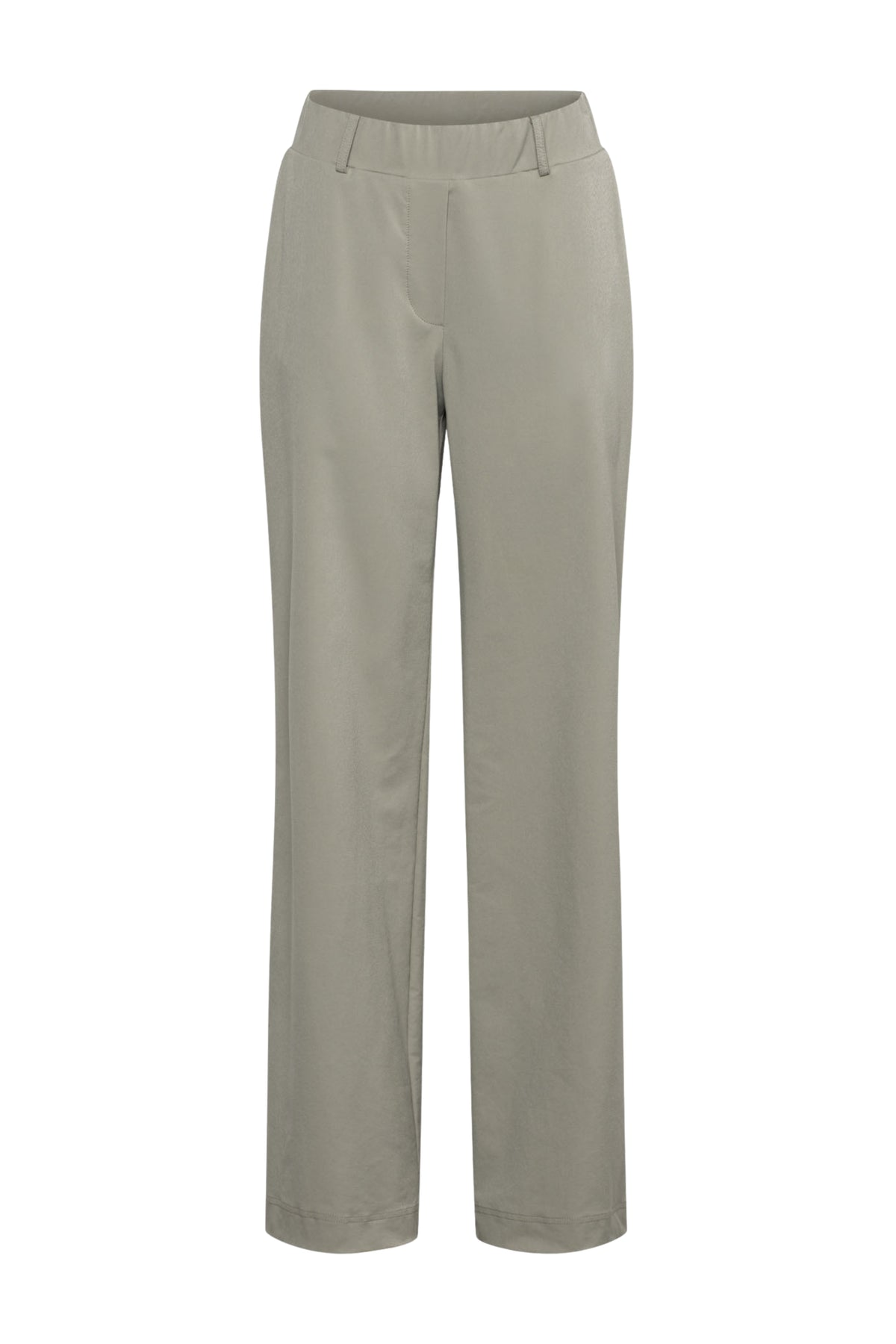 Luchtige reisbroek van &Co woman in kaki stof met rechte snit en elastische taille, geschikt voor comfortabel reizen.
