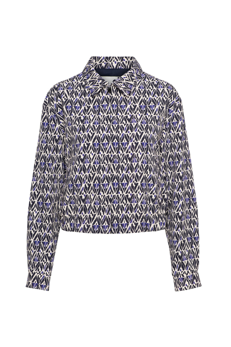 Lichtgewicht reisjasje voor dames van &Co woman, grafisch design in navy en multi-kleuren, comfortabel en stijlvol.