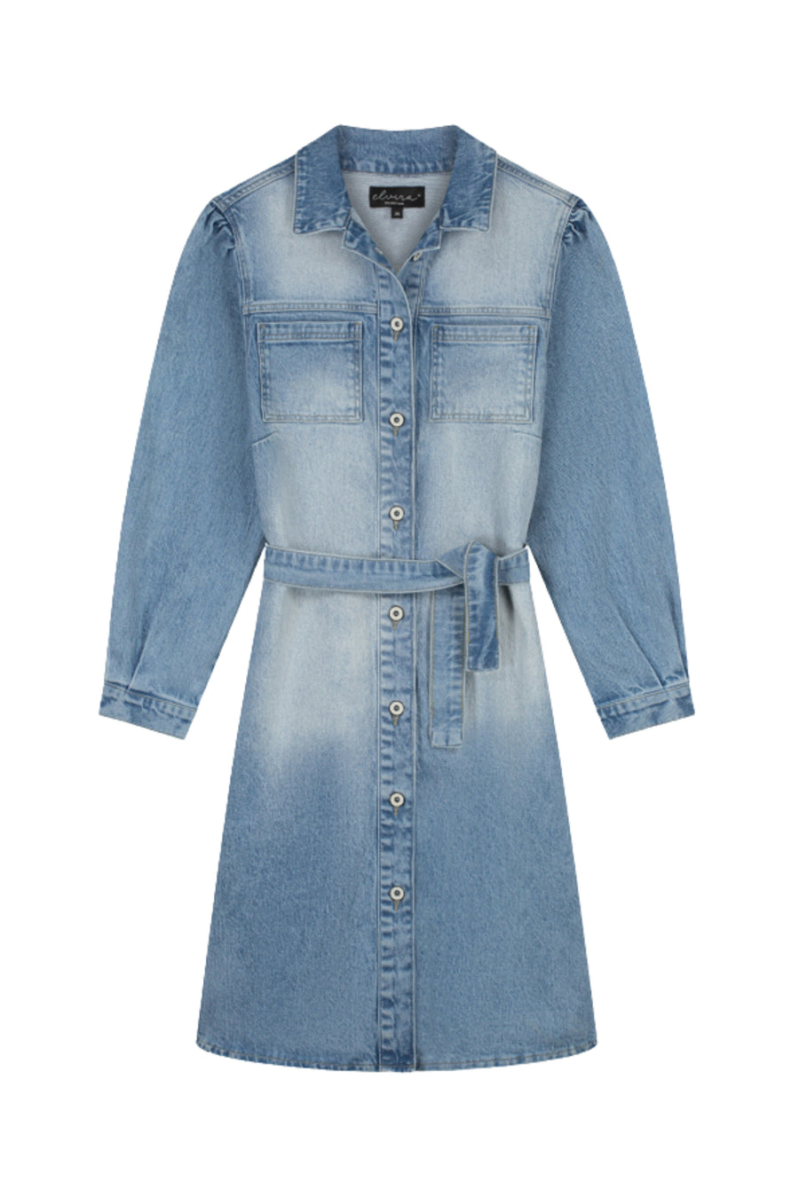 Zwart-witte washed denim jurk Doortje van Elvira Casuals met lange mouwen en knopen, casual en comfortabel voor dagelijks gebruik.