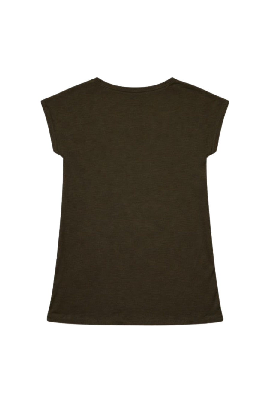 Olijfkleurige T-shirt Grace van Elvira Casuals, casual model met korte mouwen en ronde hals, gedragen door een persoon.